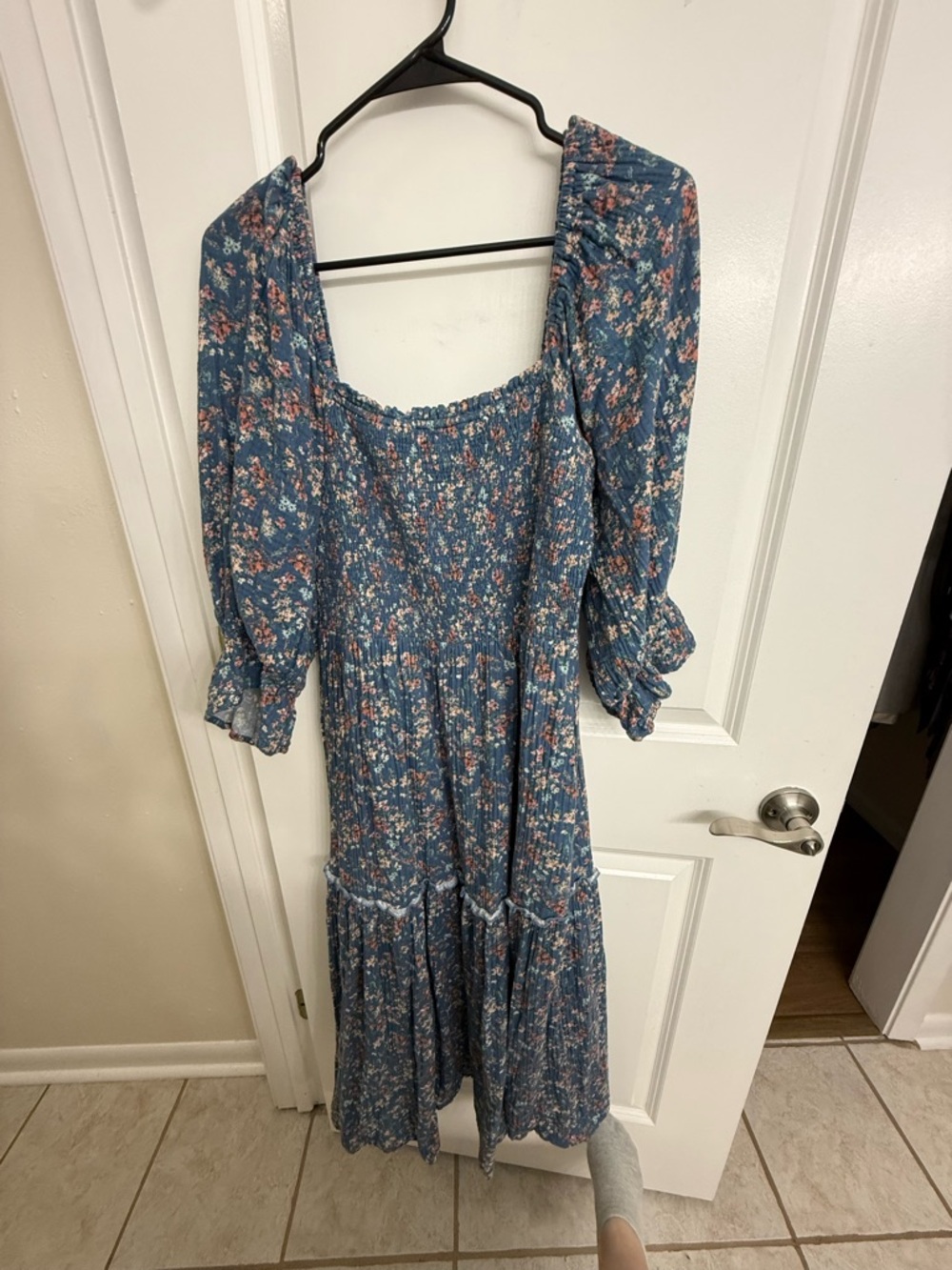 Smocked Blue Floral Midi Dress with Puff Sleeves